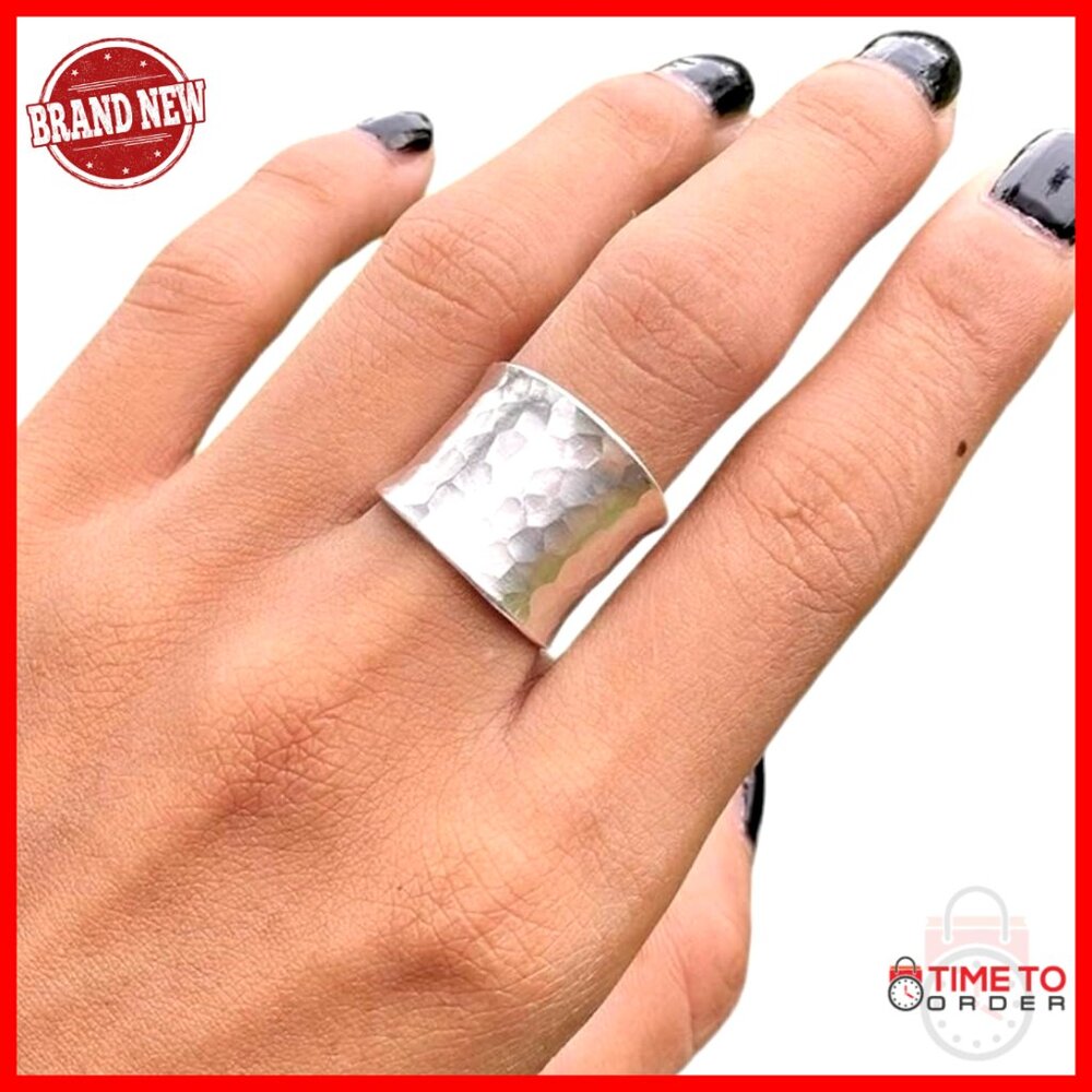 Sterling Silver Adjustable Wide Band Ring, Handmade Hammered Finish, Sizes 6-12
